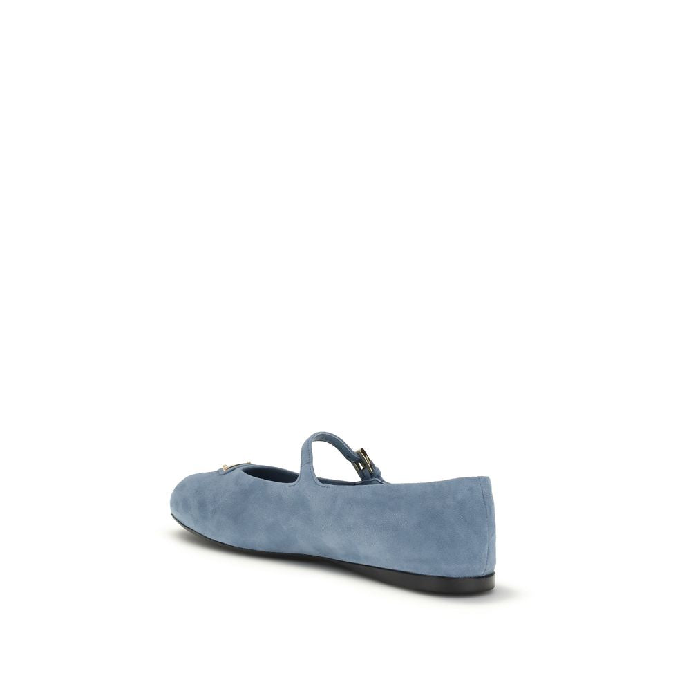 Prada Blue Goatskin Triangle Logo Suede Ballerinas