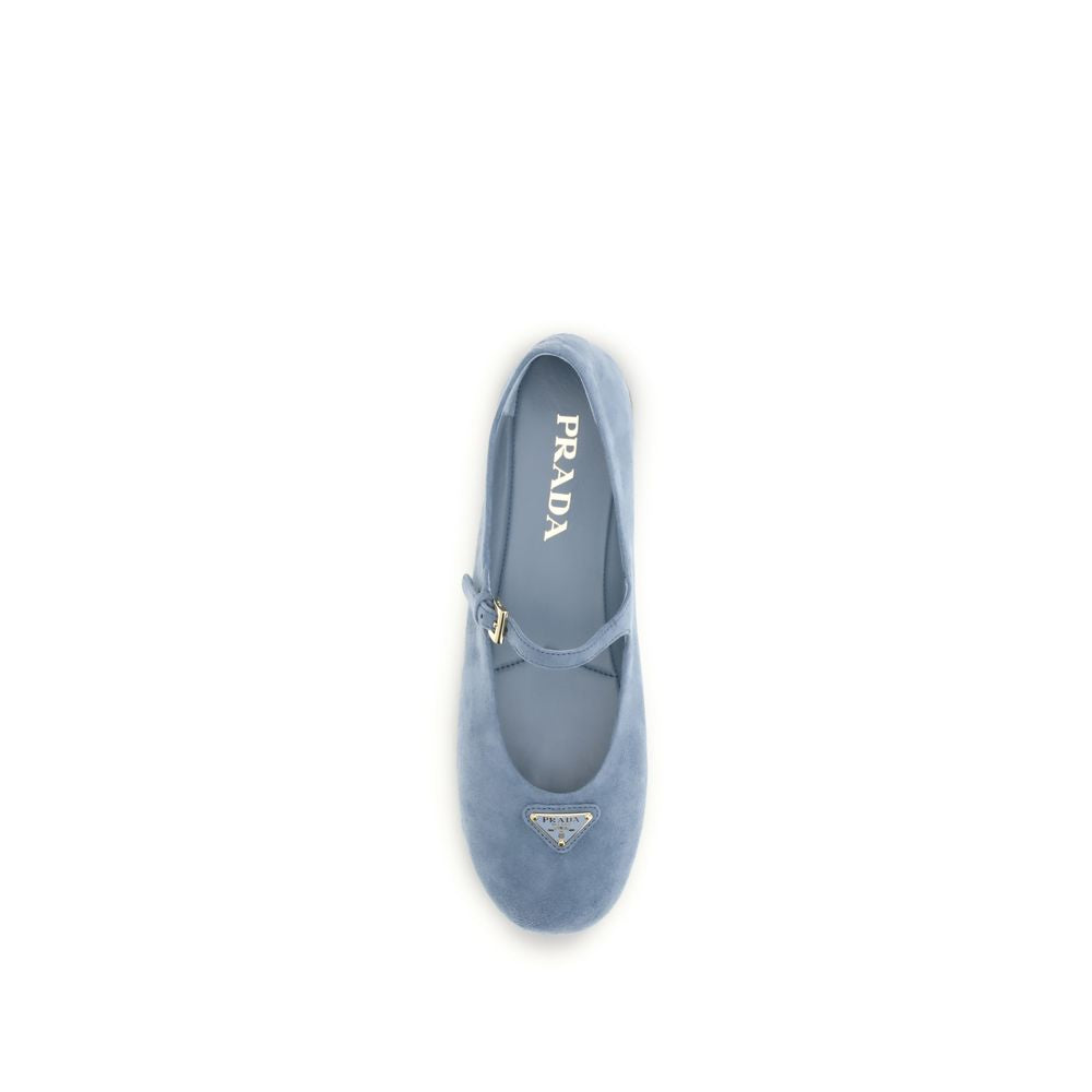 Prada Blue Goatskin Triangle Logo Suede Ballerinas