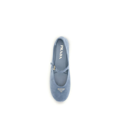 Prada Blue Goatskin Triangle Logo Suede Ballerinas