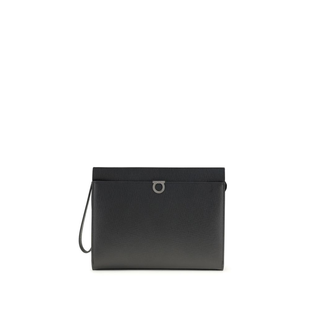 Ferragamo Gancini Pouch in Black Calf Leather