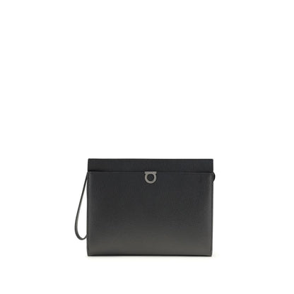 Ferragamo Gancini Pouch in Black Calf Leather