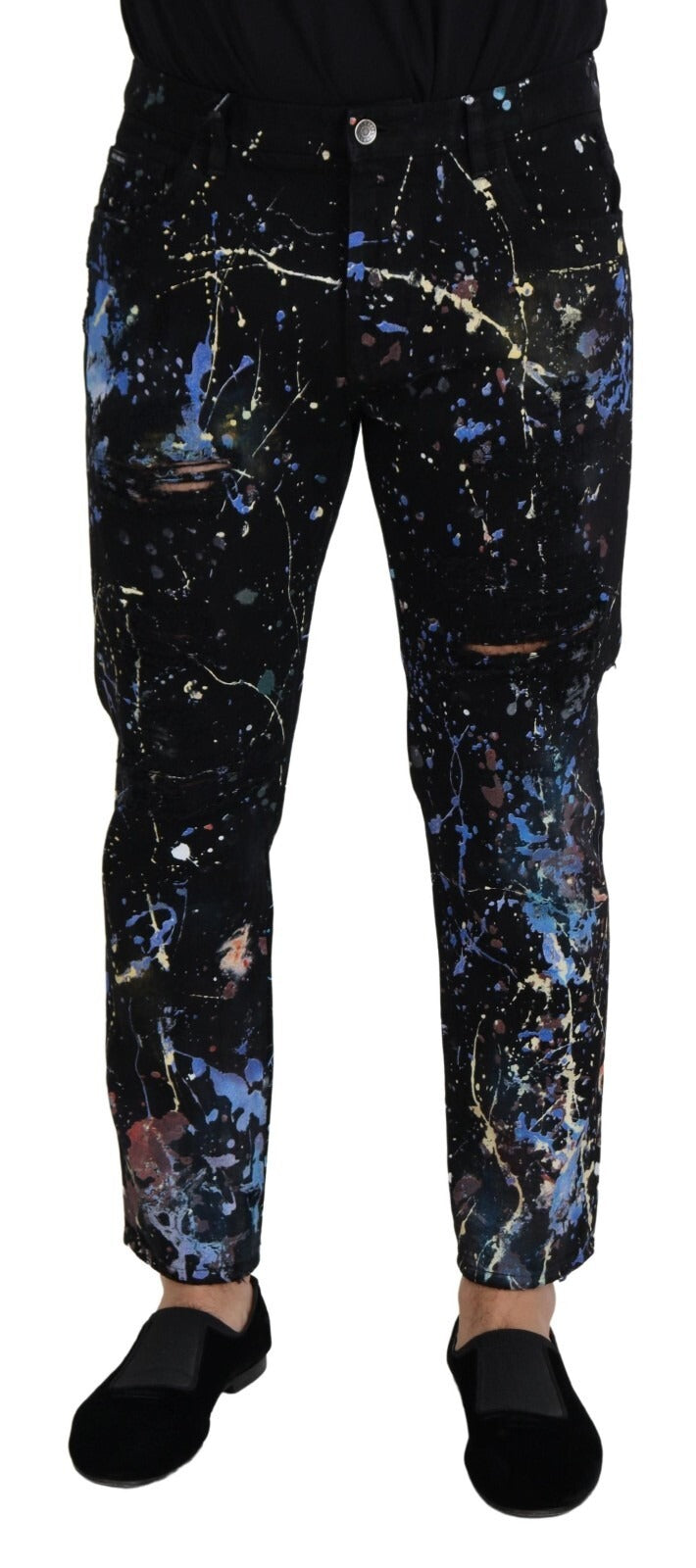 Dolce & Gabbana Black Cotton Colour Splash Print Denim Jeans