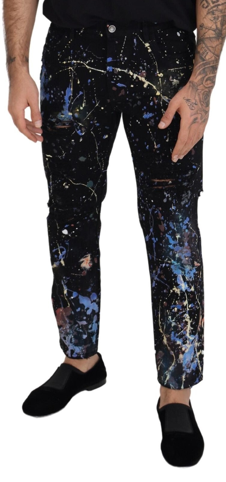 Dolce & Gabbana Black Cotton Colour Splash Print Denim Jeans