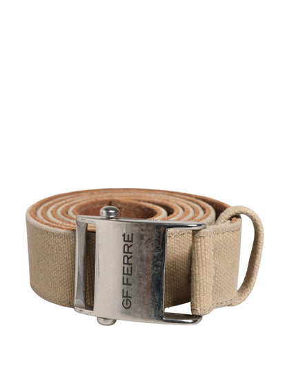 GF Ferre Men Beige Canvas Silver Metal Buckle Cintura Belt