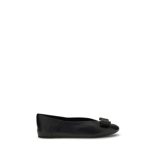 Ferragamo Black Calf Leather Bos Taurus Vara Bow Ballerinas