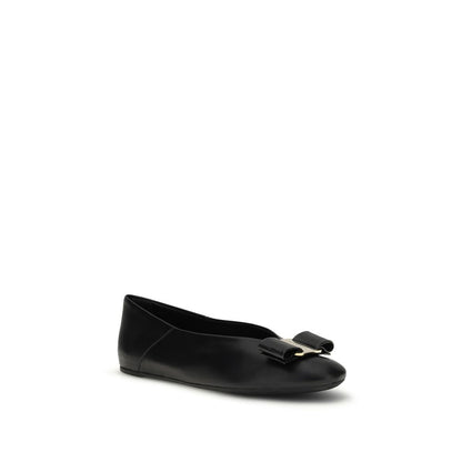 Ferragamo Black Calf Leather Bos Taurus Vara Bow Ballerinas