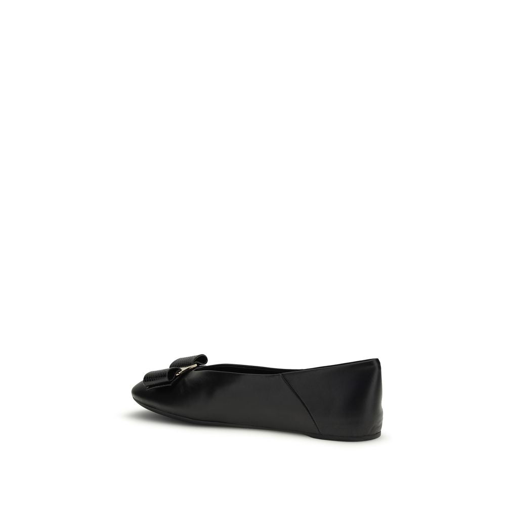Ferragamo Black Calf Leather Bos Taurus Vara Bow Ballerinas