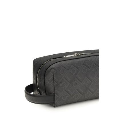 Ferragamo Black Calf Leather Bos Taurus Dopp Kit Beauty Case