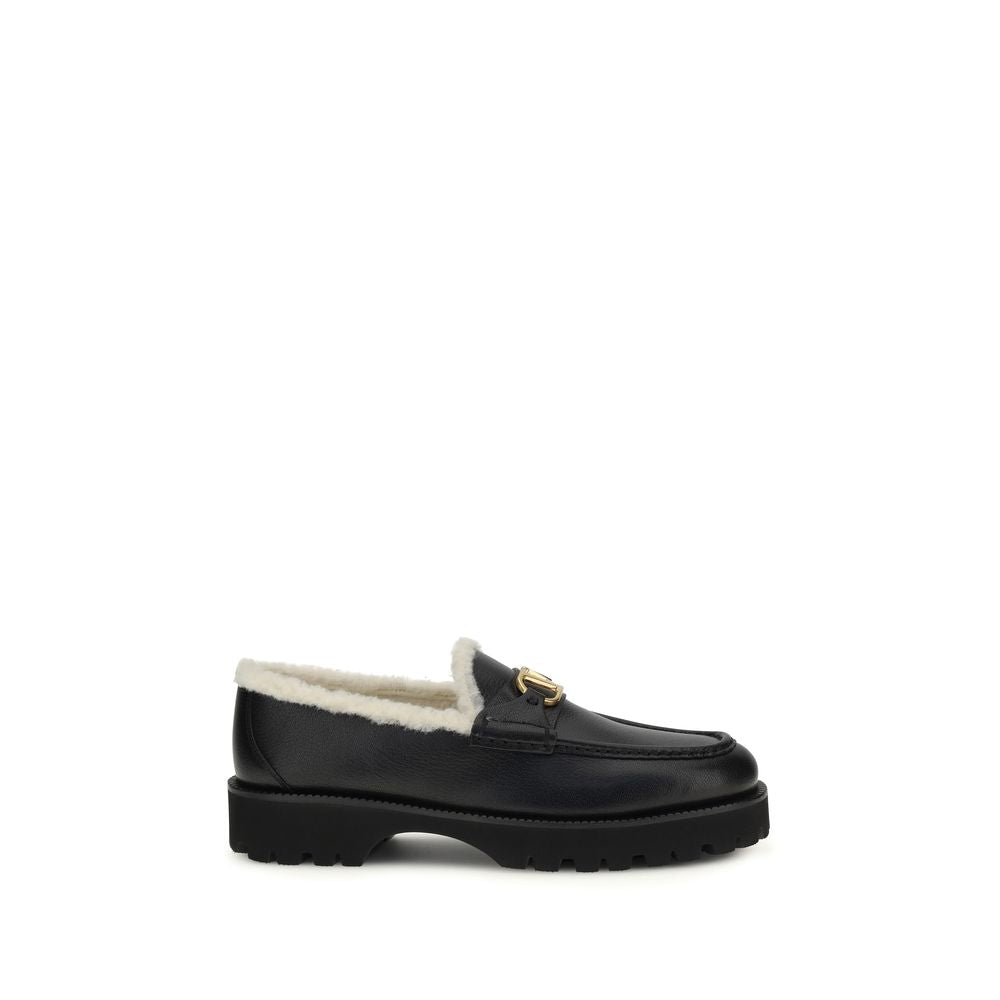 Valentino Garavani Black Leather Vlogo Fur Slip-On Loafers
