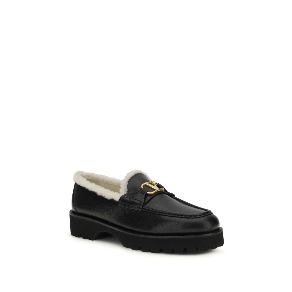 Valentino Garavani Black Leather Vlogo Fur Slip-On Loafers