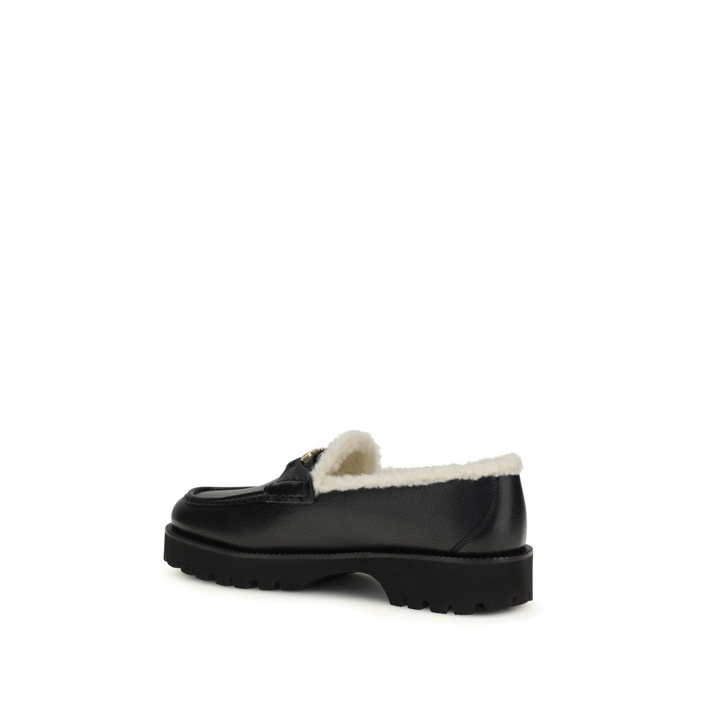 Valentino Garavani Black Leather Vlogo Fur Slip-On Loafers