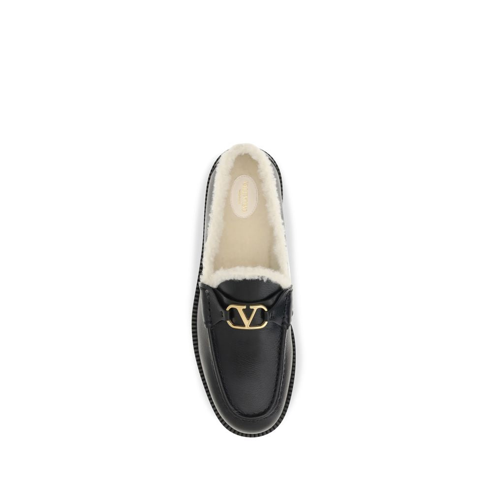 Valentino Garavani Black Leather Vlogo Fur Slip-On Loafers