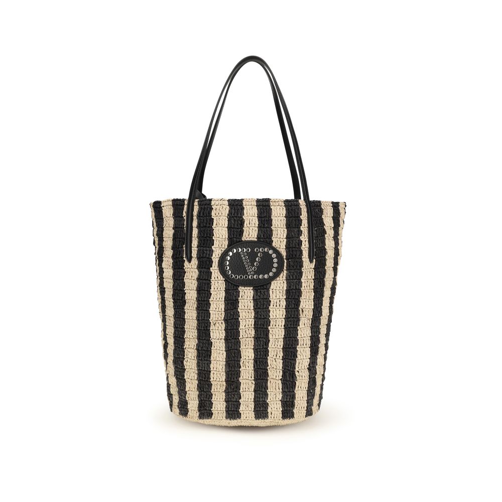 Valentino Garavani Black Raffia Striped Bucket Bag