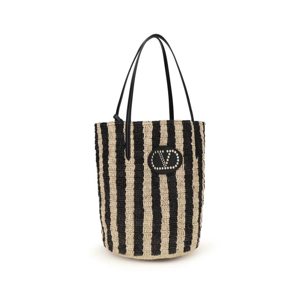 Valentino Garavani Black Raffia Striped Bucket Bag