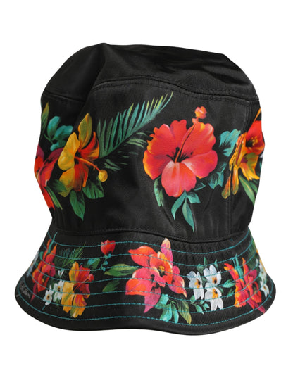 Dolce & Gabbana Men's Black Floral Print Nylon Fisherman Cap Hat