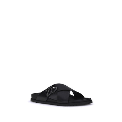 Dolce & Gabbana Black Calf Leather Bos Taurus Flat Sandals