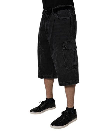 Dolce & Gabbana Black Mid Waist Denim Cargo Bermuda Shorts