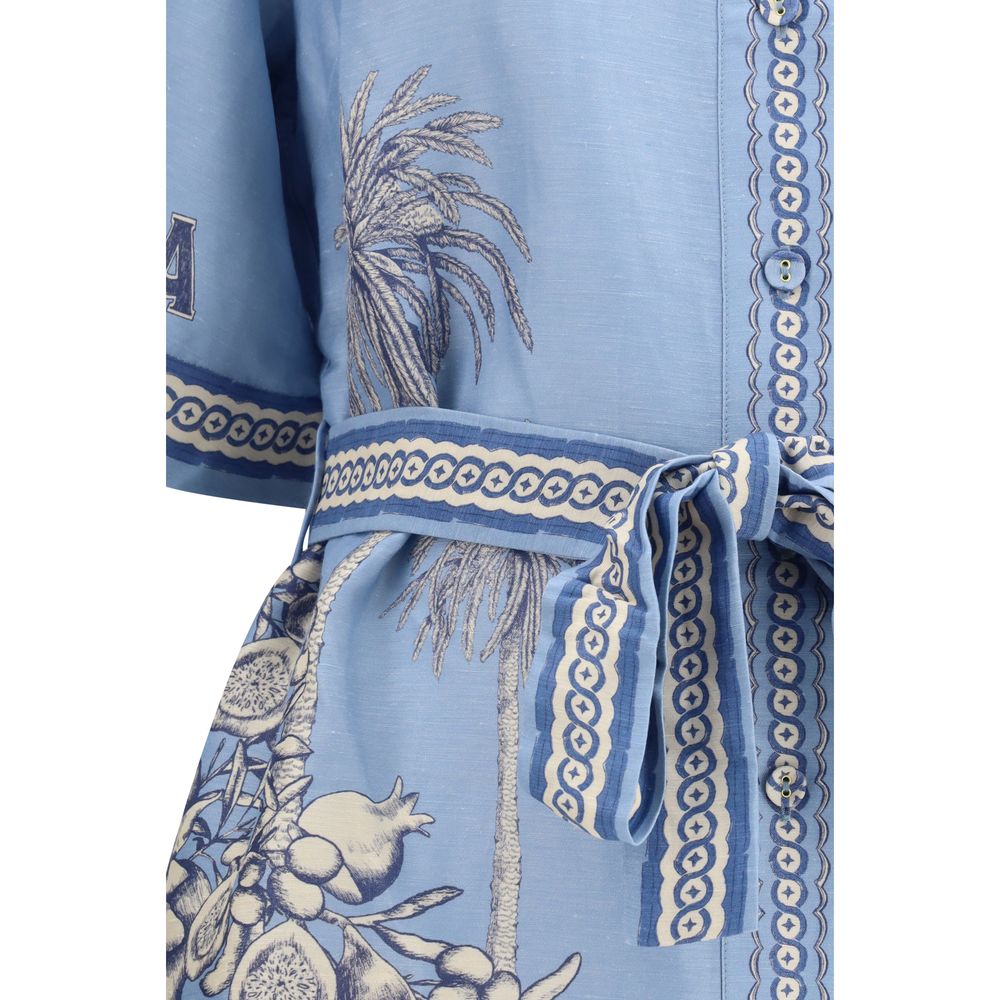 Alémais Blue Linen Blend Villa Romantica Mini Dress