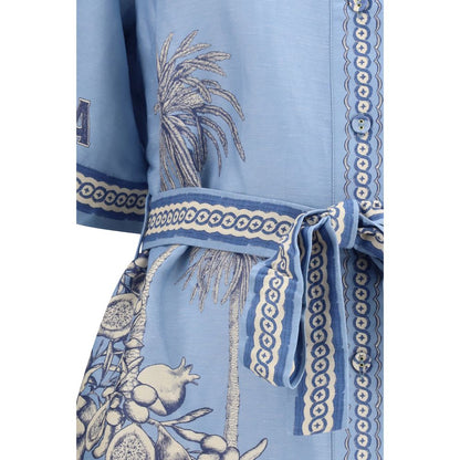 Alémais Blue Linen Blend Villa Romantica Mini Dress