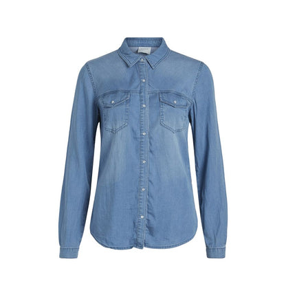 Vila Clothes Light Blue Cotton Blouse - VIBISTA Long-Sleeve Shirt