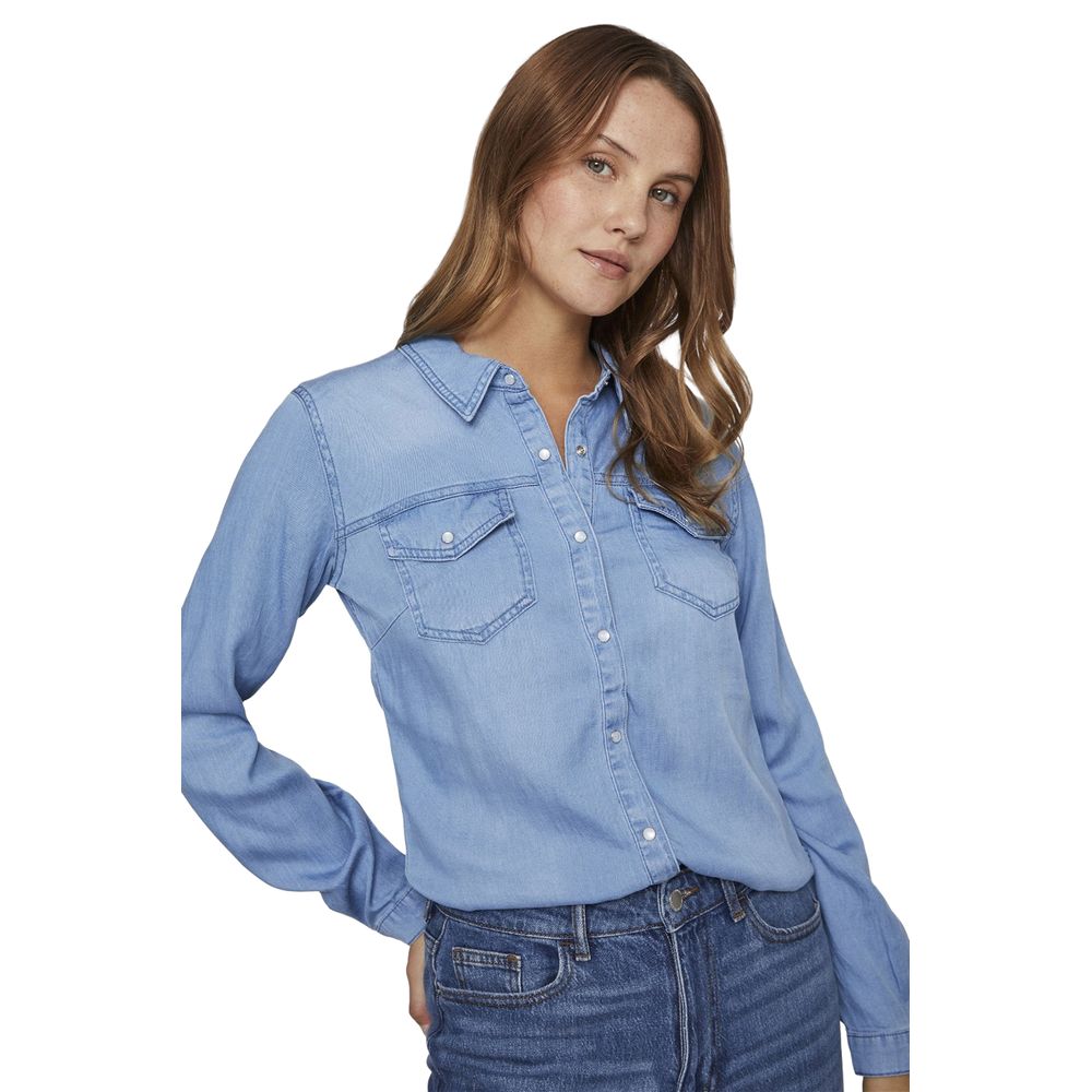 Vila Clothes Light Blue Cotton Blouse - VIBISTA Long-Sleeve Shirt