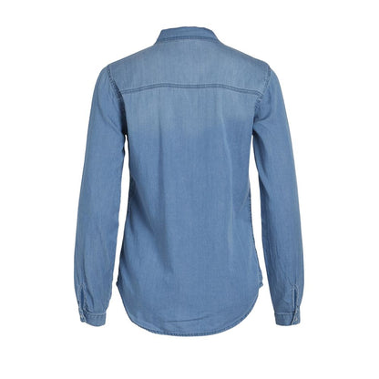 Vila Clothes Light Blue Cotton Blouse - VIBISTA Long-Sleeve Shirt