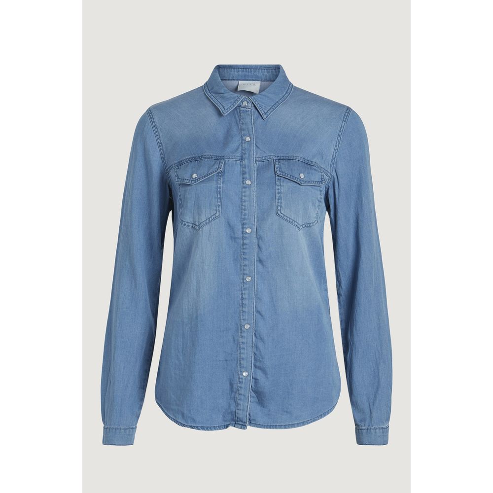 Vila Clothes Light Blue Cotton Blouse - VIBISTA Long-Sleeve Shirt