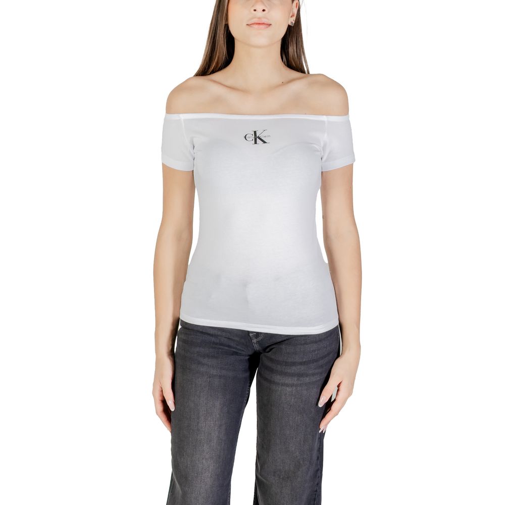 Calvin Klein Jeans Monogram Off-Shoulder White Cotton T-Shirt