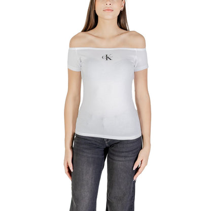 Calvin Klein Jeans Monogram Off-Shoulder White Cotton T-Shirt