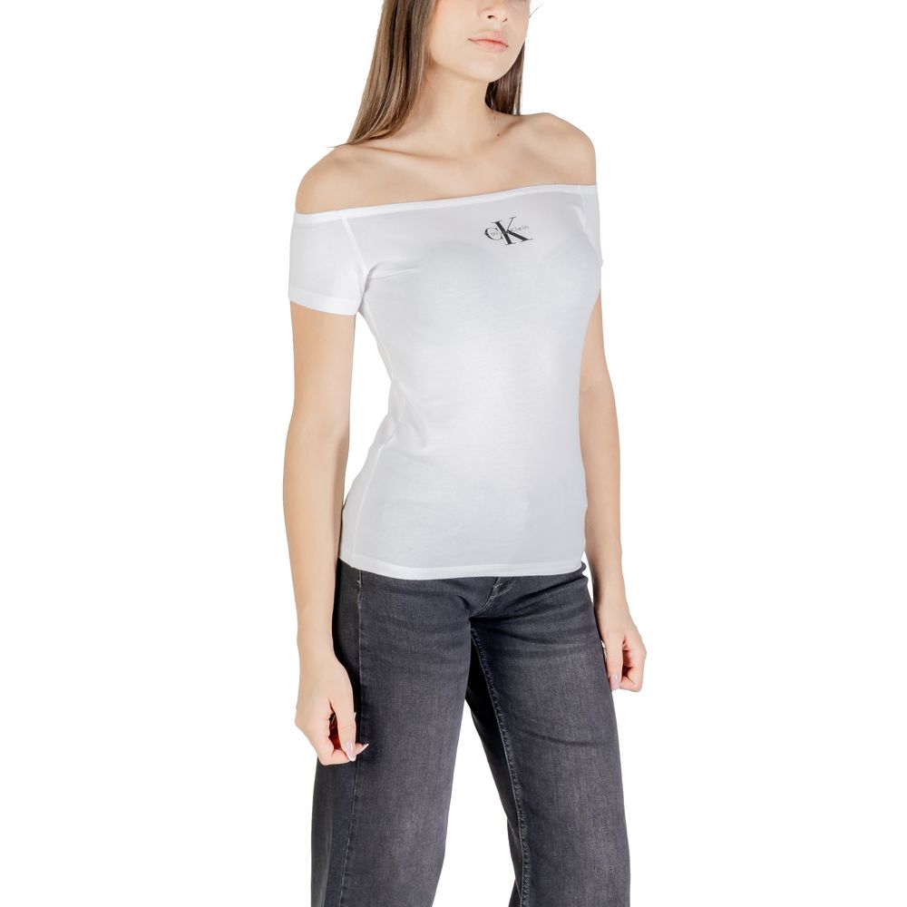 Calvin Klein Jeans Monogram Off-Shoulder White Cotton T-Shirt
