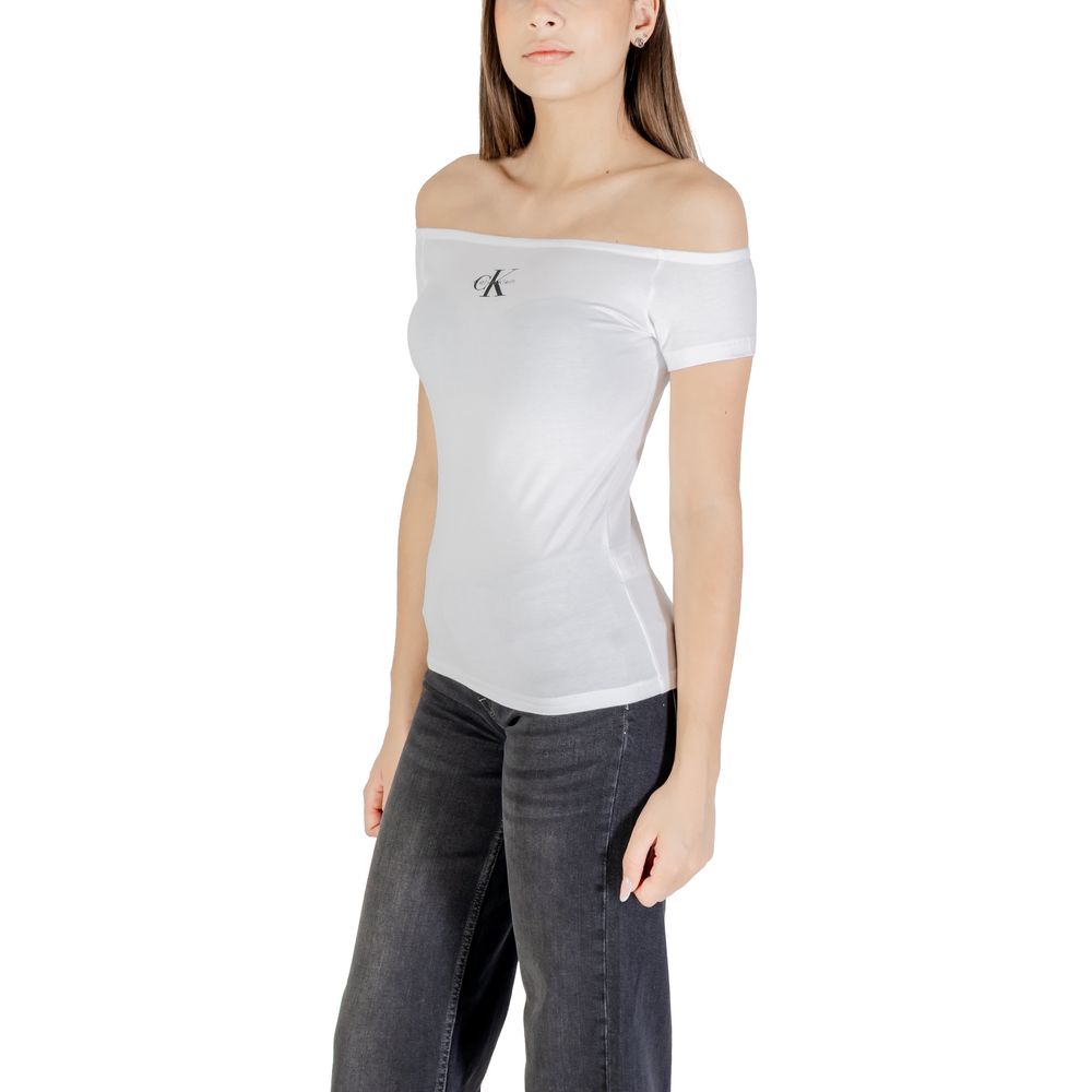 Calvin Klein Jeans Monogram Off-Shoulder White Cotton T-Shirt