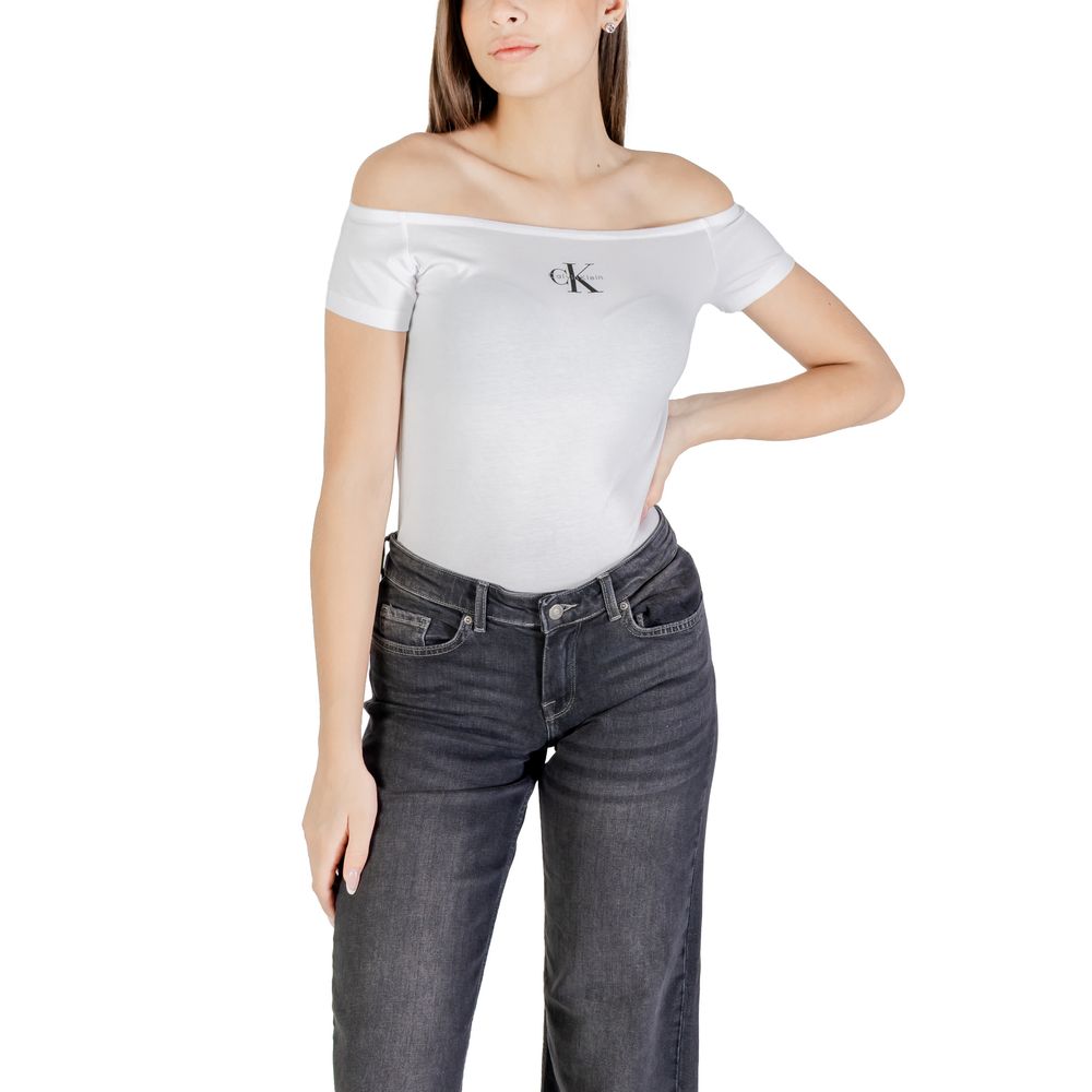 Calvin Klein Jeans Monogram Off-Shoulder White Cotton T-Shirt