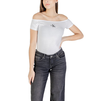 Calvin Klein Jeans Monogram Off-Shoulder White Cotton T-Shirt