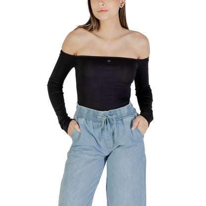 Tommy Hilfiger Jeans Black Eco Cotton Off Shoulder Long Sleeve Top