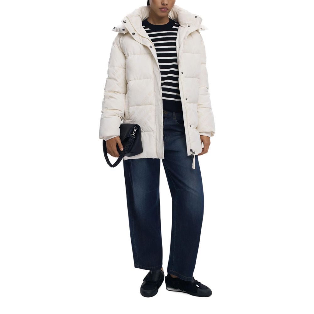 Desigual Cream Polyester Coat - Flocked Elegance for Every Occasion