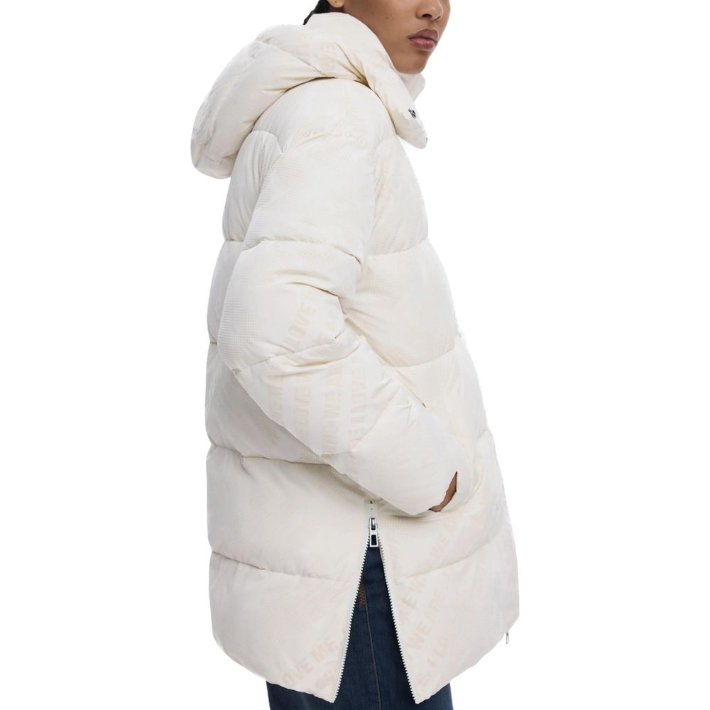 Desigual Cream Polyester Coat - Flocked Elegance for Every Occasion