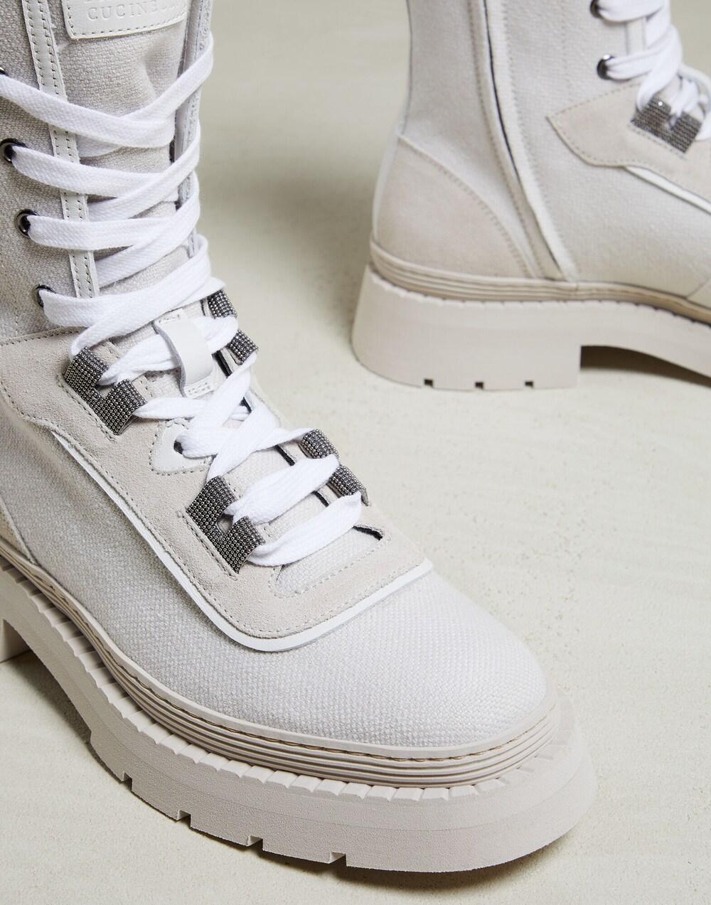 Brunello Cucinelli Beige Cotton Lace-Up Boots
