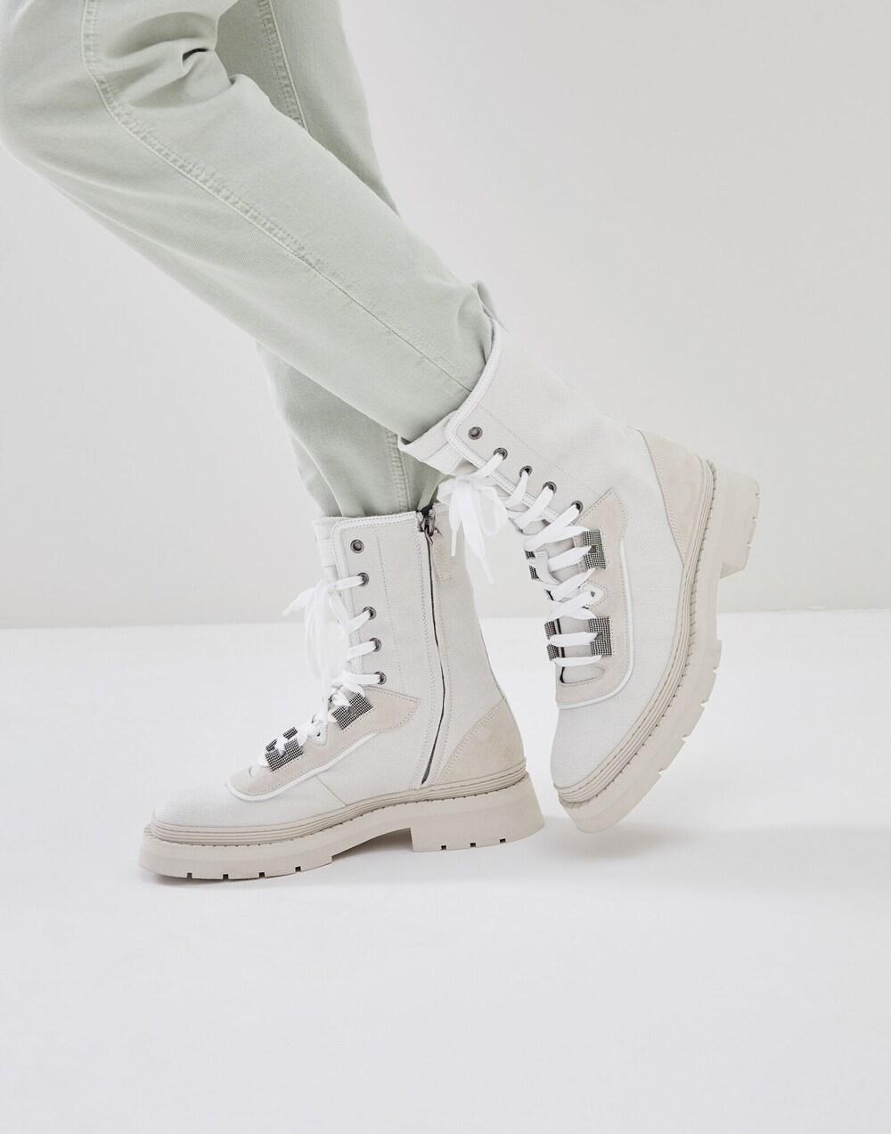 Brunello Cucinelli Beige Cotton Lace-Up Boots