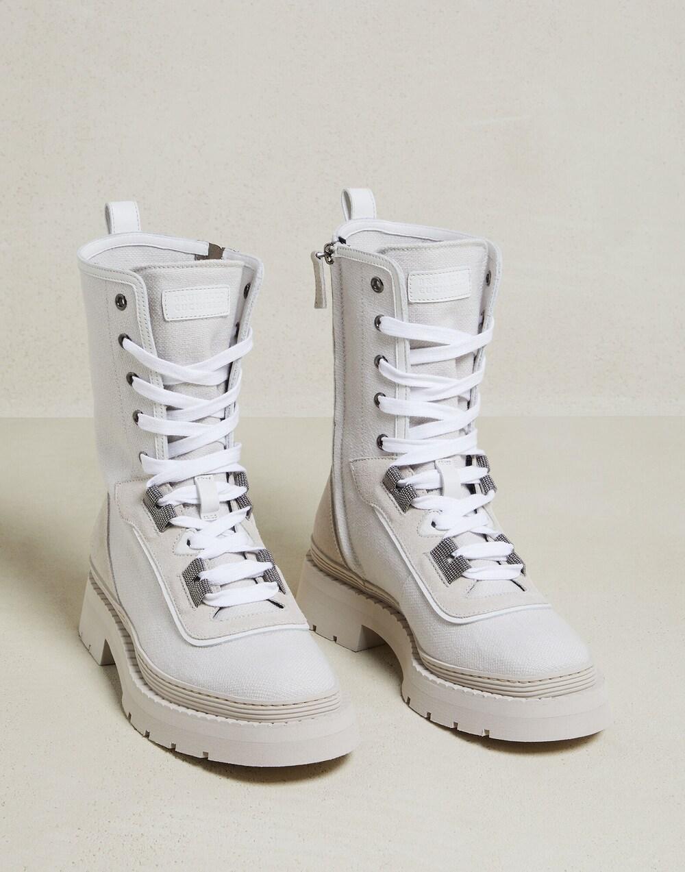 Brunello Cucinelli Beige Cotton Lace-Up Boots