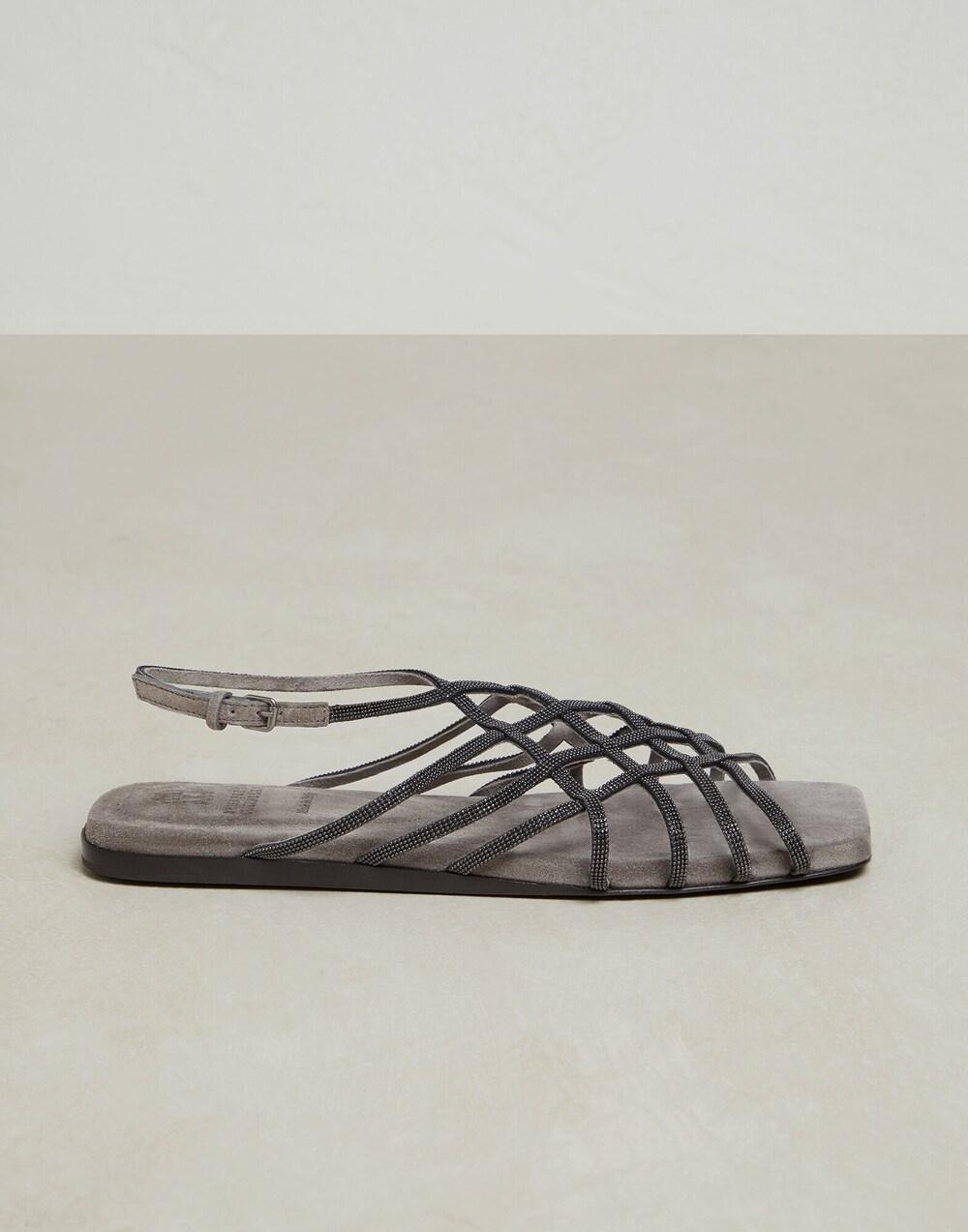 Brunello Cucinelli Gray Leather Flat Sandals