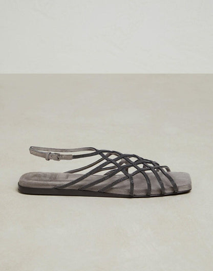 Brunello Cucinelli Gray Leather Flat Sandals