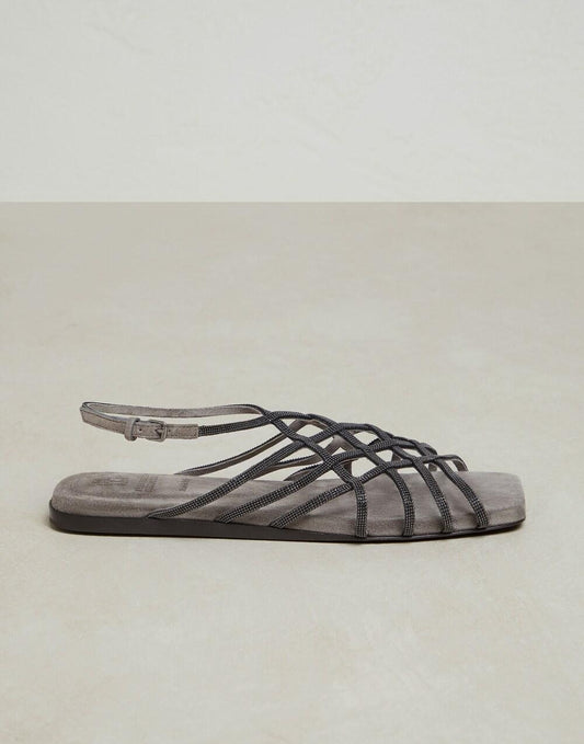 Brunello Cucinelli Gray Leather Flat Sandals
