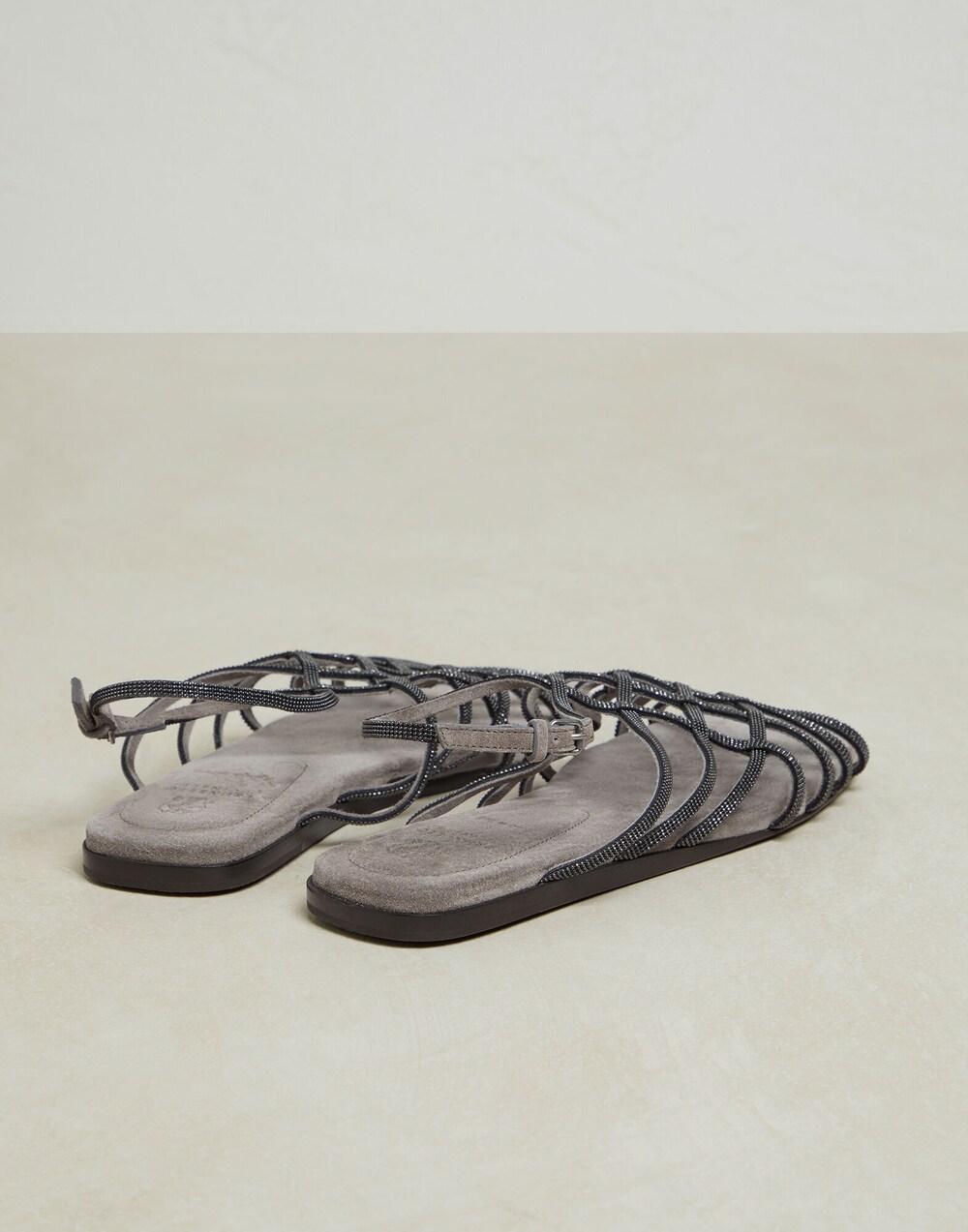 Brunello Cucinelli Gray Leather Flat Sandals