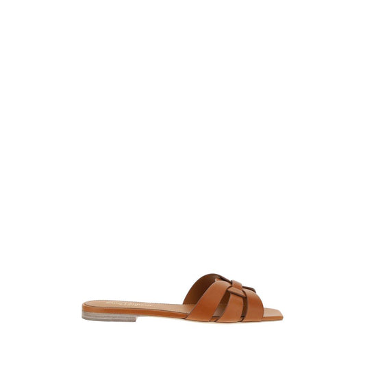 Saint Laurent Brown Calf Leather Tribute Flat Sandals