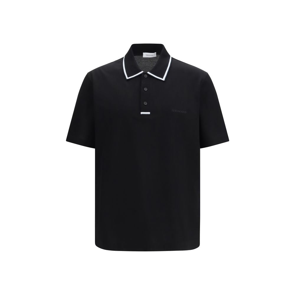 Ferragamo Black Cotton Polo Shirt with Stripe Detail