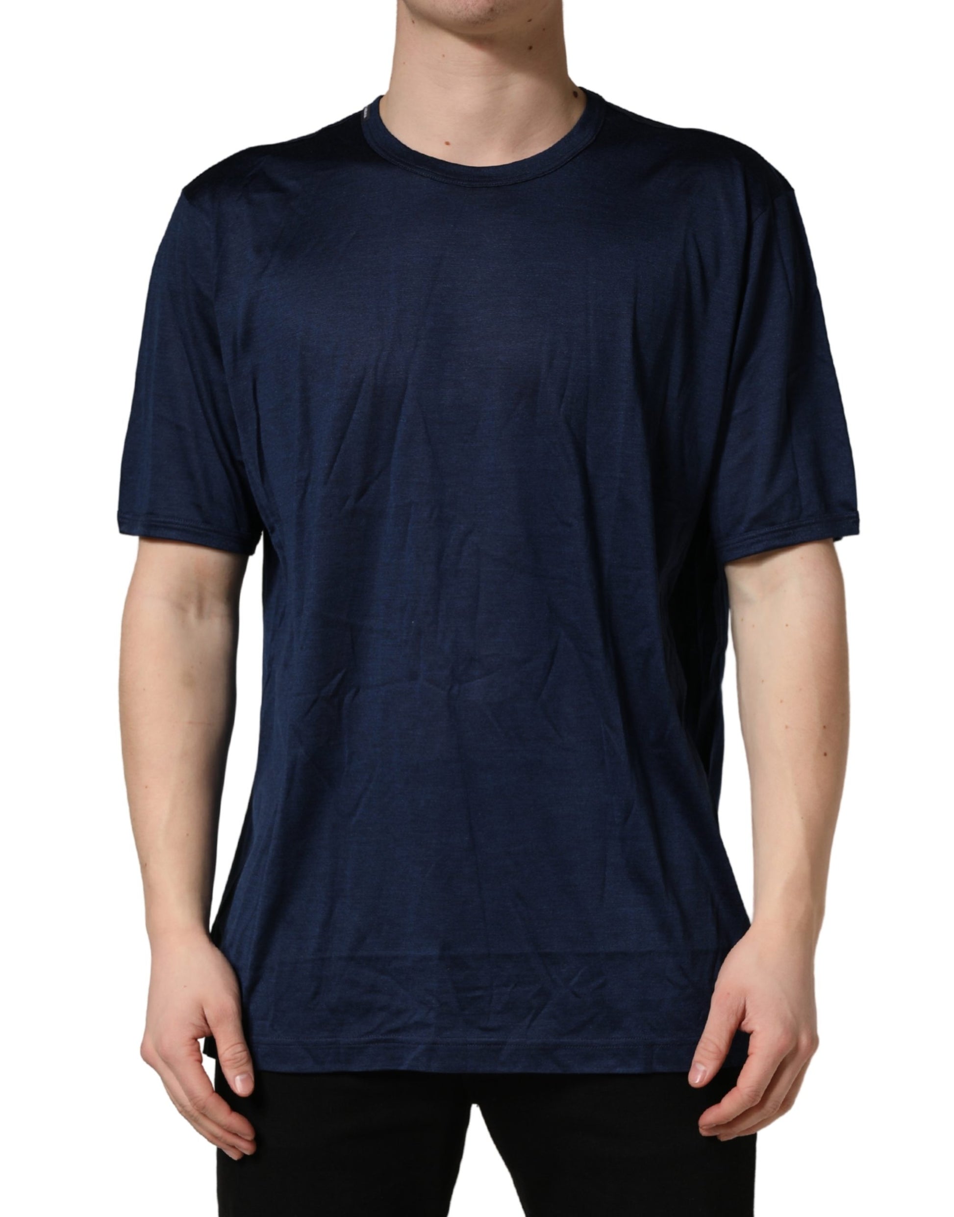 Dolce & Gabbana Dark Blue Silk Short Sleeve Crew Neck T-shirt