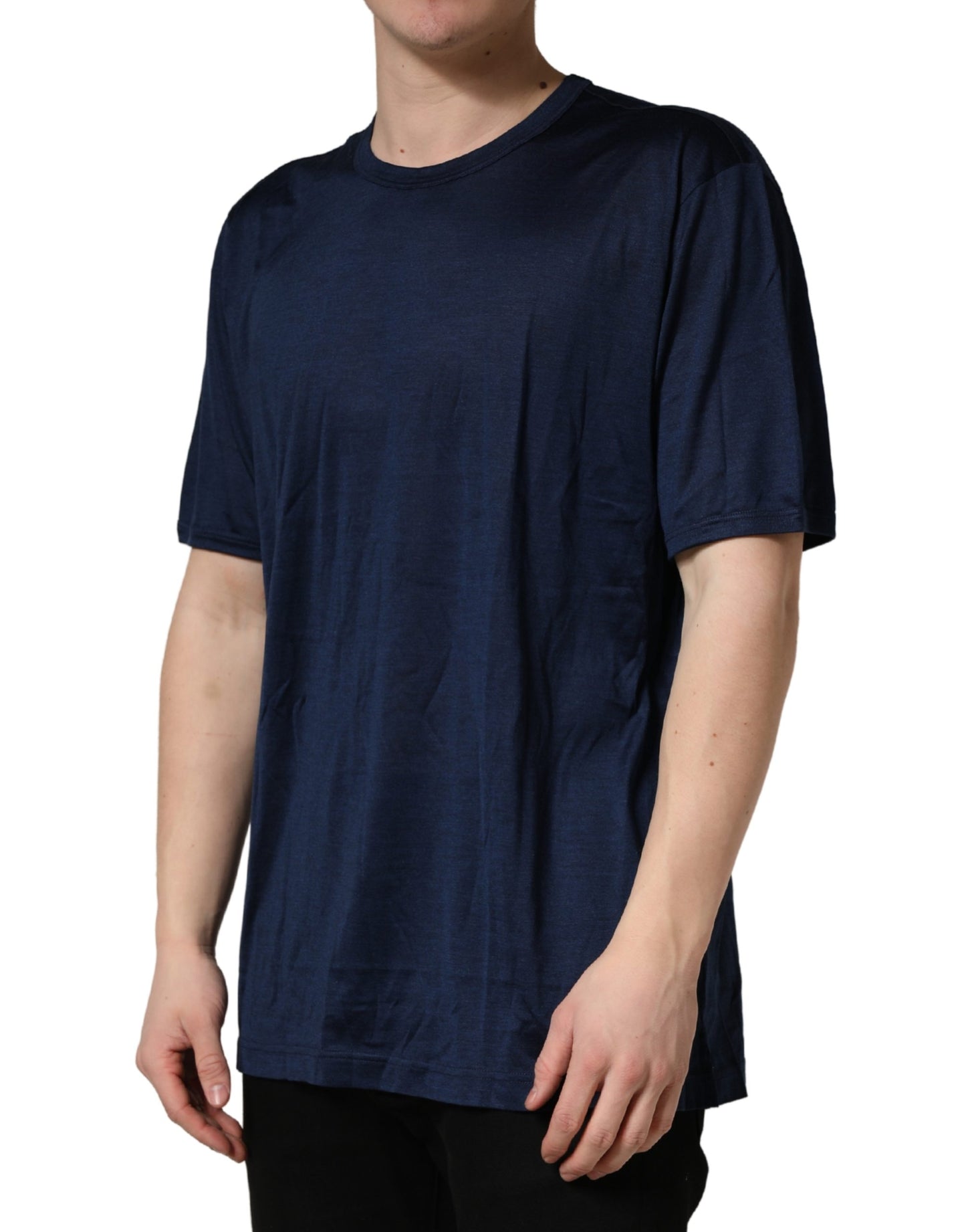 Dolce & Gabbana Dark Blue Silk Short Sleeve Crew Neck T-shirt