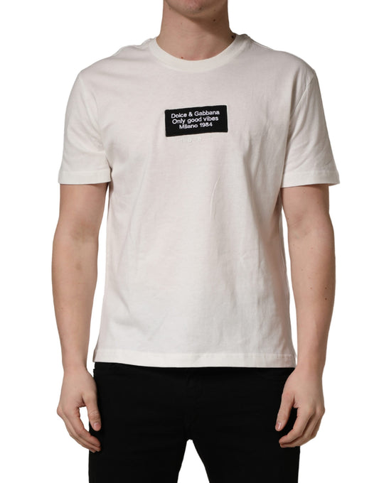 Dolce & Gabbana White Logo Patch Cotton Crew Neck T-shirt for Men