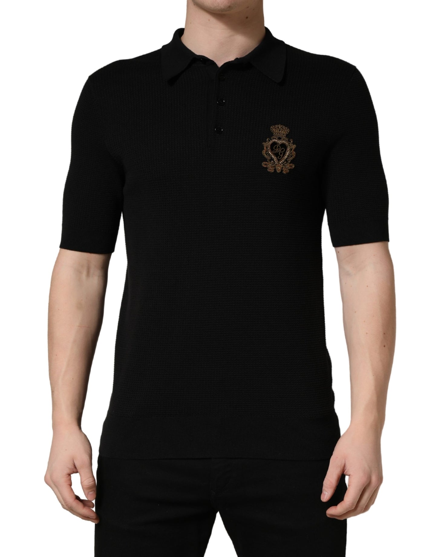 Dolce & Gabbana Black Heraldic Crest Patch Silk Polo T-Shirt