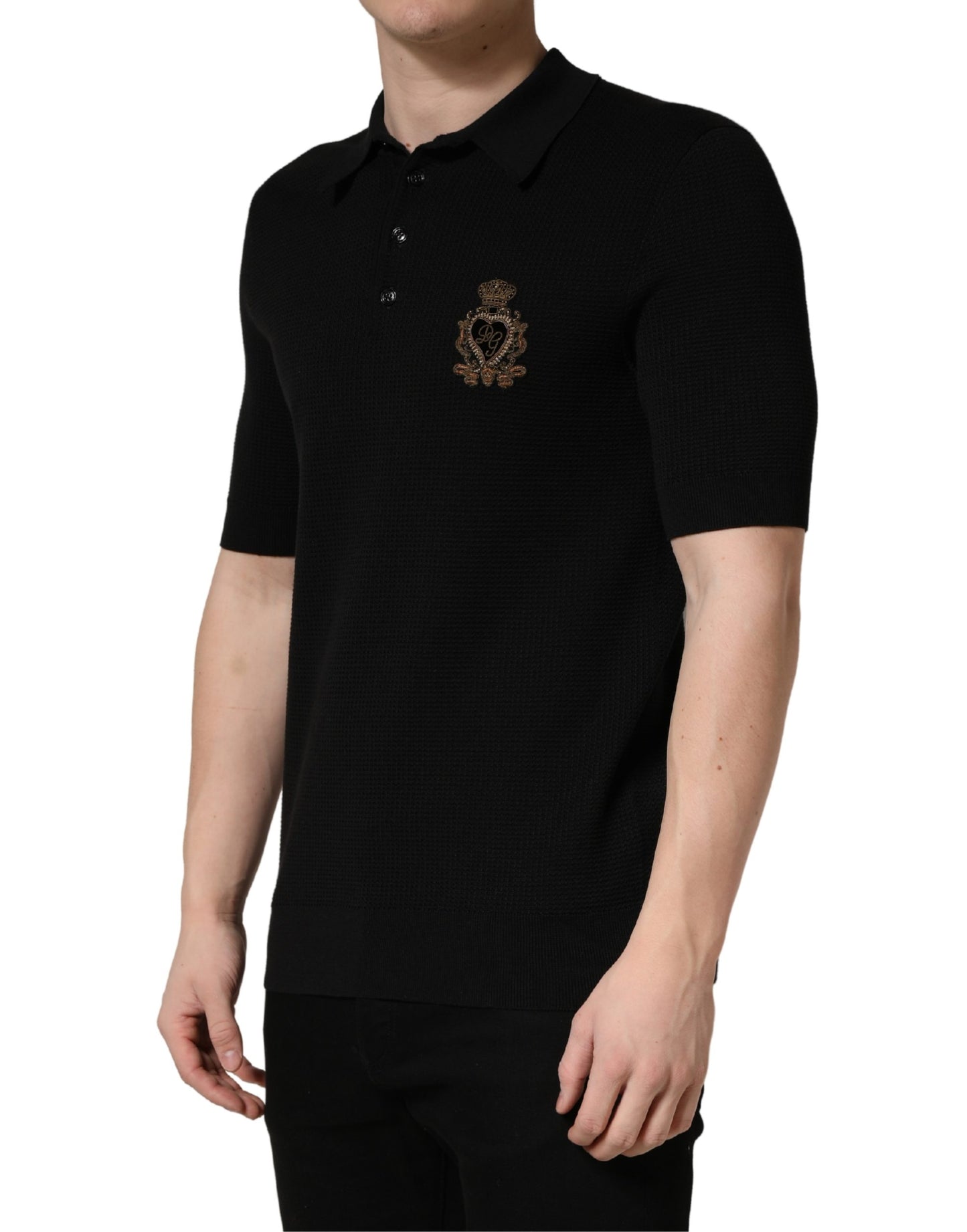 Dolce & Gabbana Black Heraldic Crest Patch Silk Polo T-Shirt